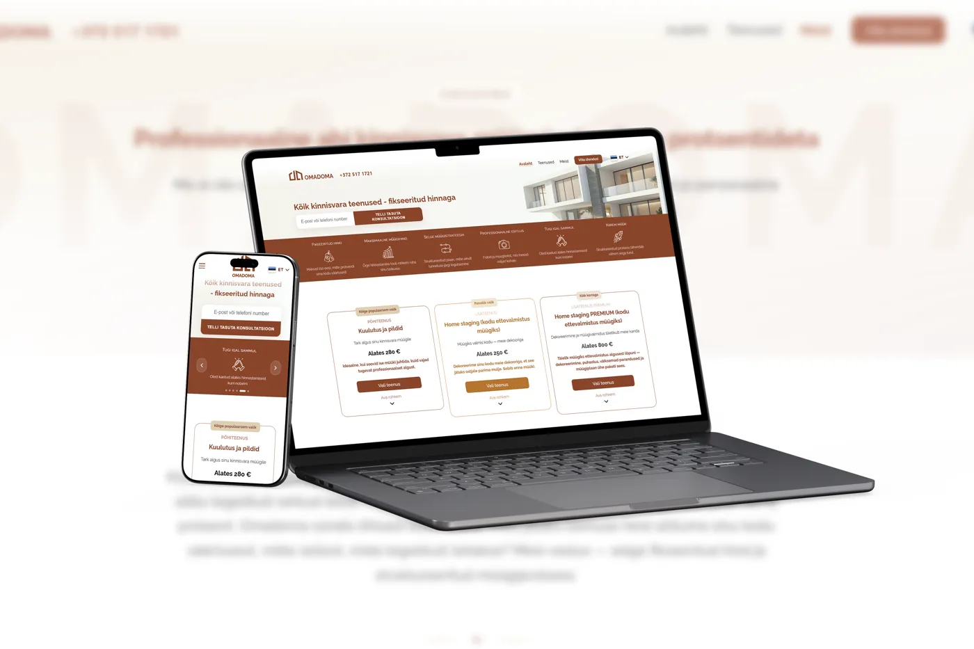 OMADOMA real estate website on a laptop and a phone