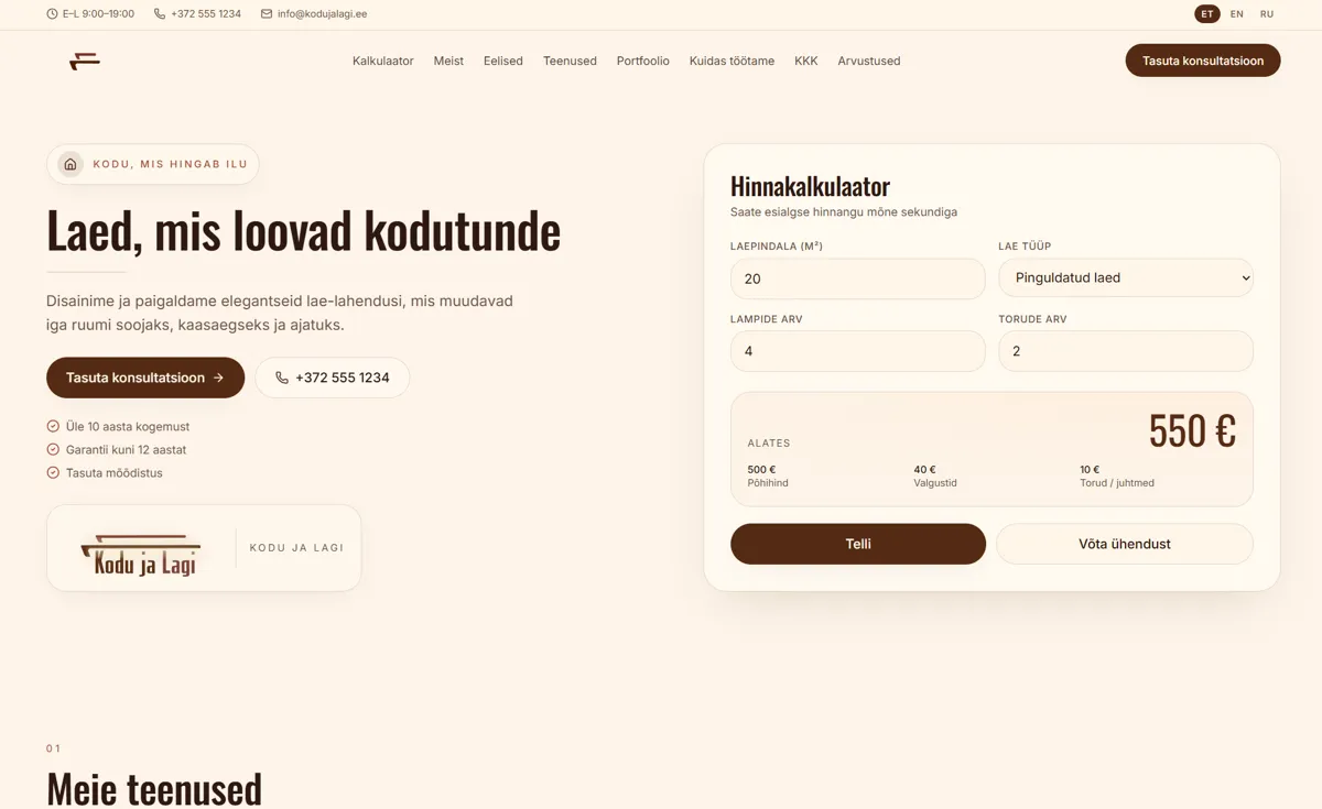 Kodu ja Lagi: A simple, clear website for a ceiling installer.