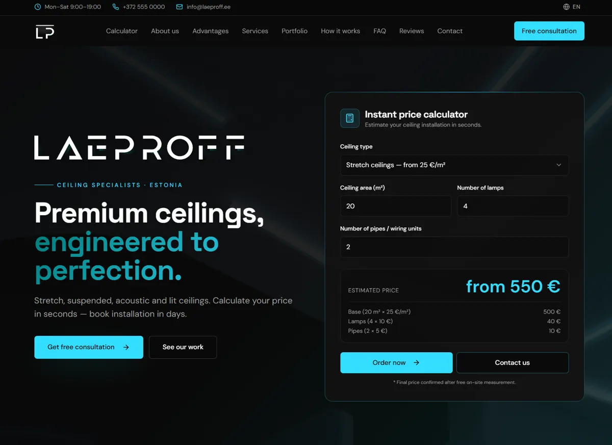 Laeproff: A compact service website for a ceiling company.